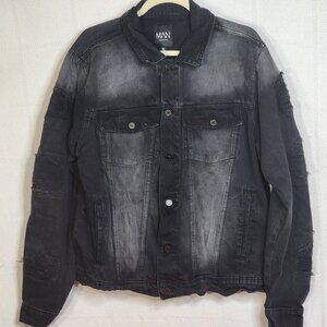 boohooMan Black Grey Ombre Double Front Pocket Cotton Denim Shirt Jacket Sz XL